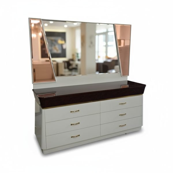 Minimalist White and Mahogany Dresser with Geometric Mirror - Image 2