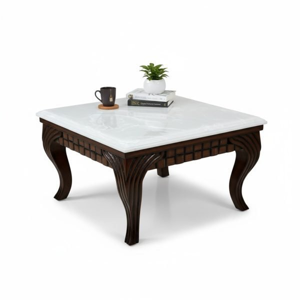 Classic Wooden Coffee Table with White Marble Top - Image 3