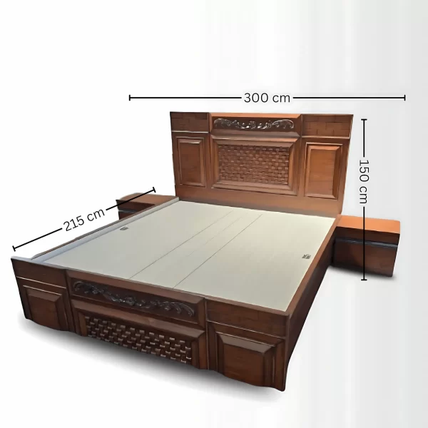 Classic Wooden Bed with Carved Headboard – Solid Wood King Size Bed with Storage - Image 2