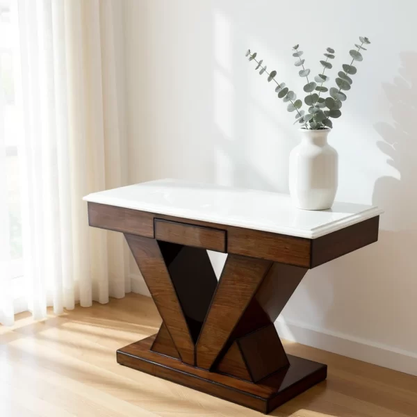 Modern V-Base Console Table with White Marble Top