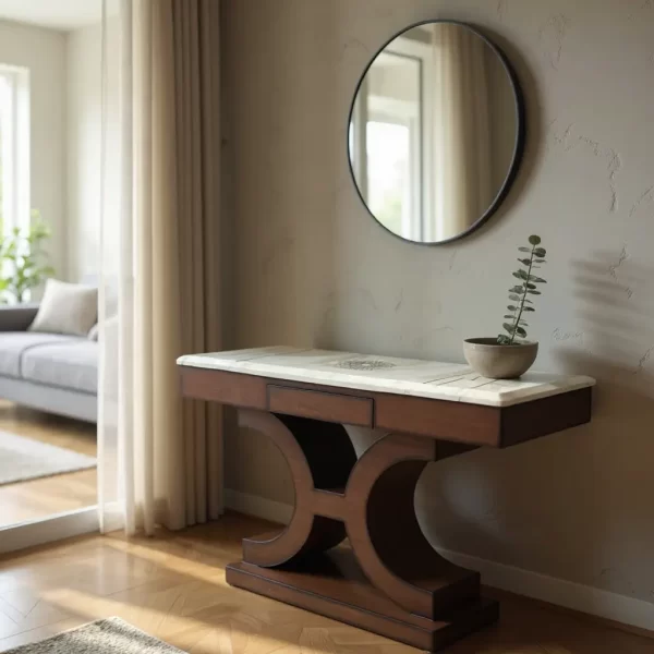 Curvilinear Pedestal Console Table with Multi-Inlaid Marble Top