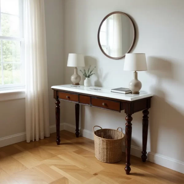 Mahogany Console Table with White Marble Top and Inlaid Accents