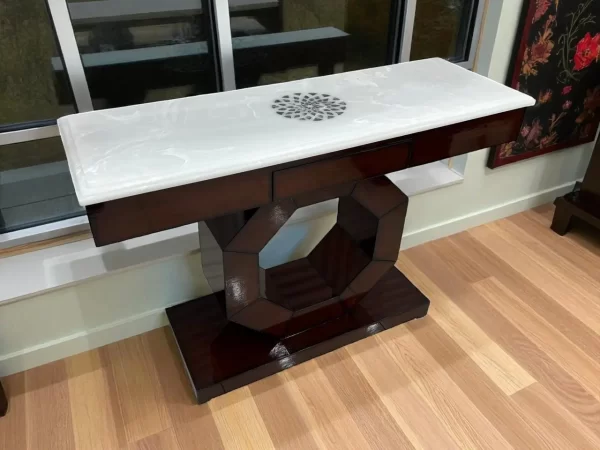 Espresso Art Deco Console Table with White Marble Top & Inlaid Medallion