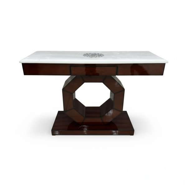 Espresso Art Deco Console Table with White Marble Top & Inlaid Medallion - Image 2