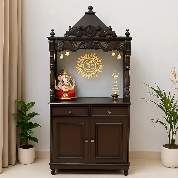 Traditional Wooden Mandir with Storage Cabinet & Elegant Carvings
