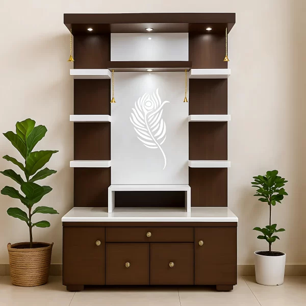 Elegant Wooden Pooja Unit with Peacock Feather Design