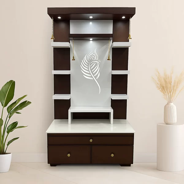 Elegant Wooden Pooja Unit with Peacock Feather Design(small)