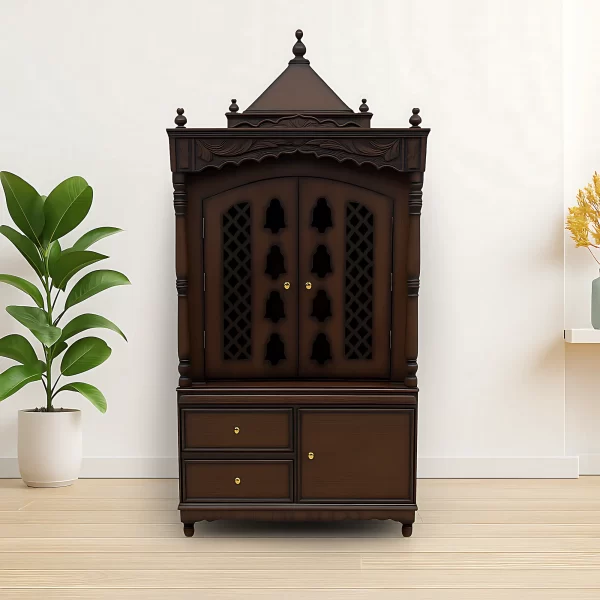 Traditional Wooden Pooja Mandir with Bell Cutwork Doors