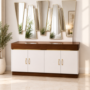 Minimalist White and Mahogany Dresser with Geometric Mirror