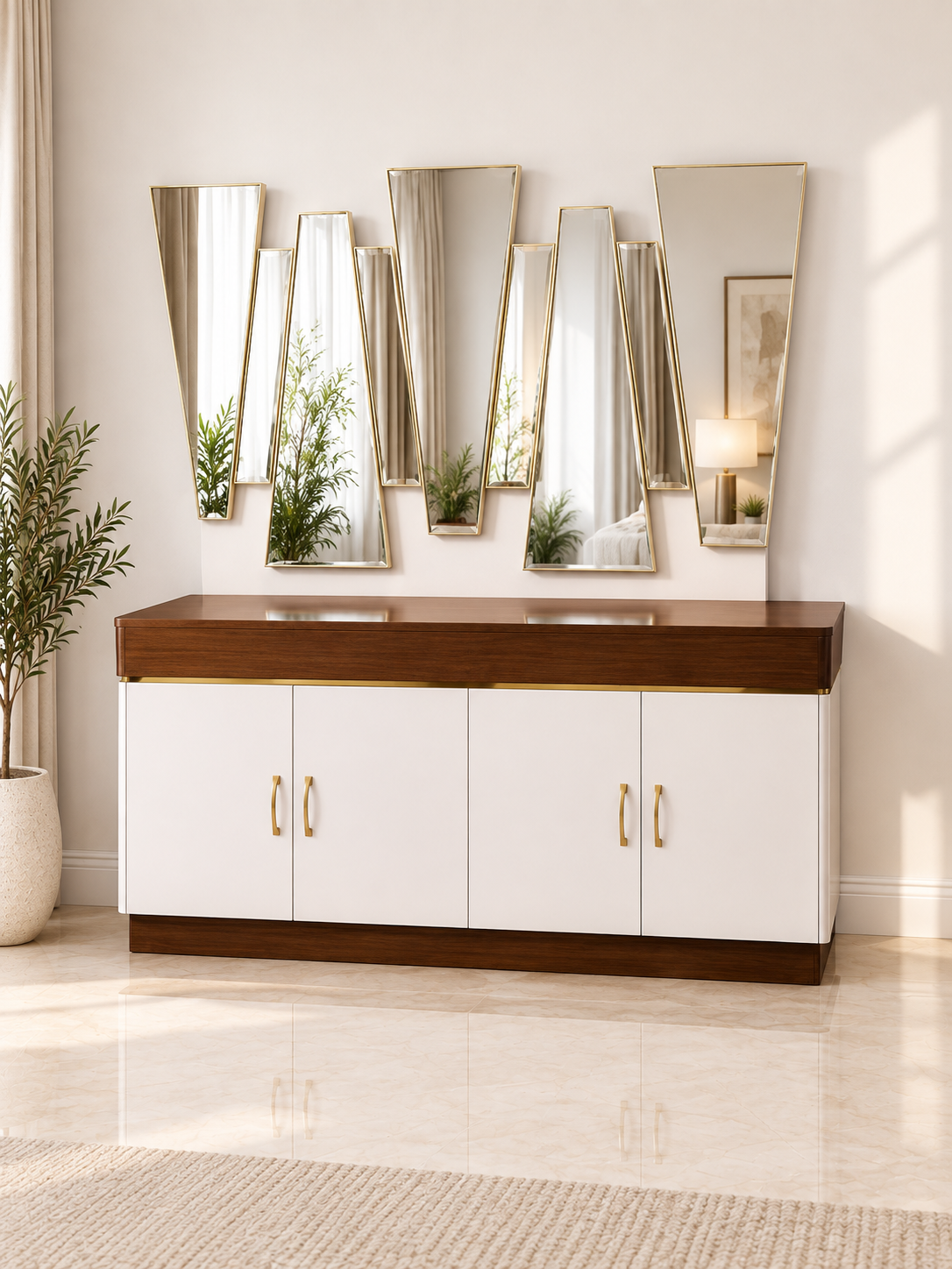 Minimalist White and Mahogany Dresser with Geometric Mirror
