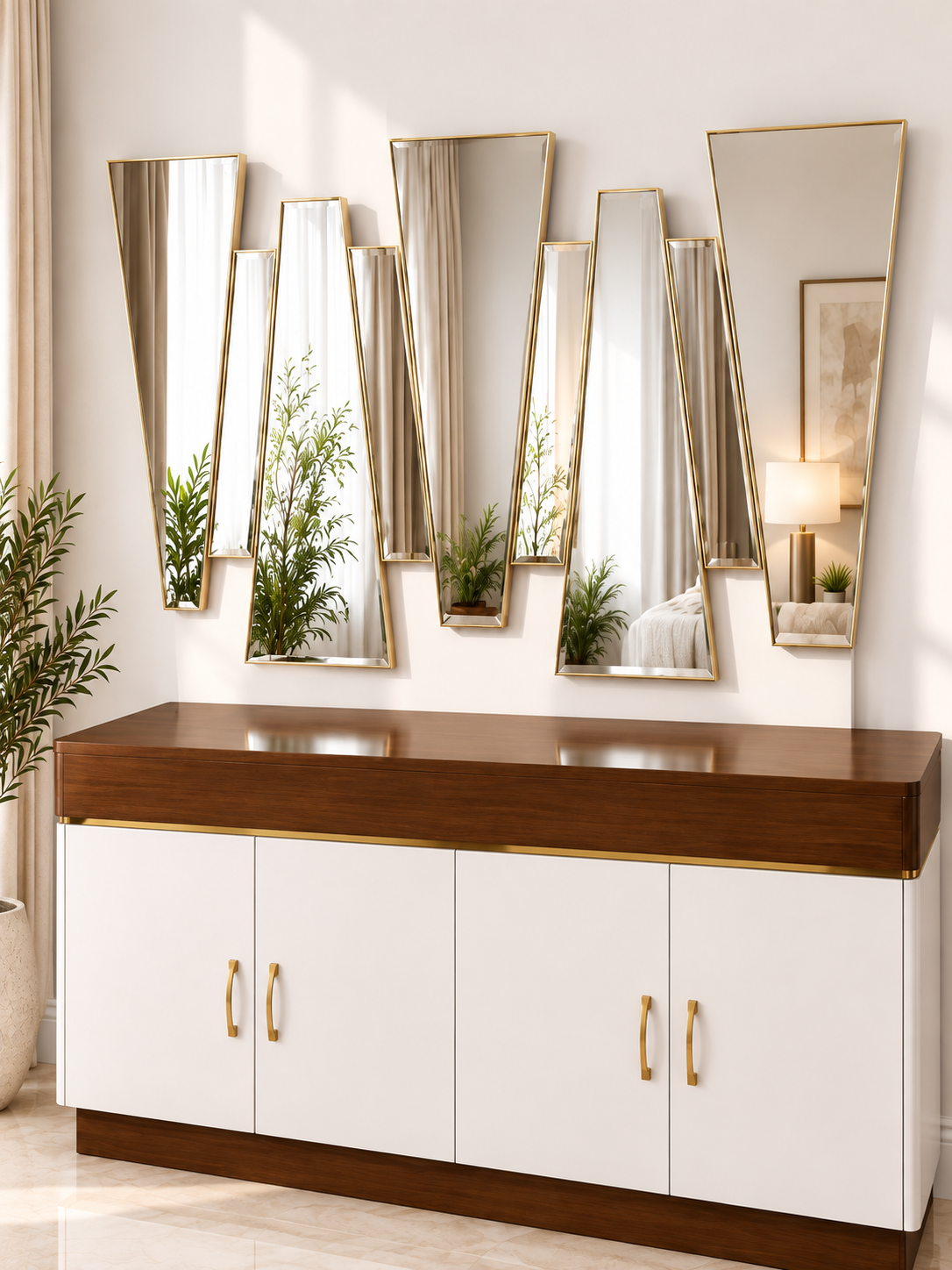 Minimalist White and Mahogany Dresser with Geometric Mirror - Image 3