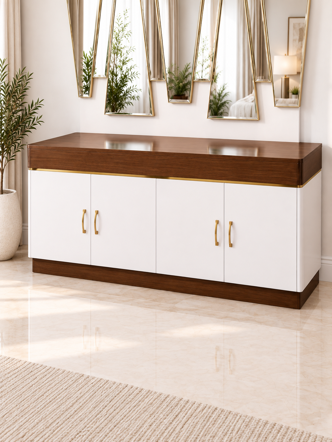 Minimalist White and Mahogany Dresser with Geometric Mirror - Image 2
