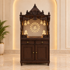 Wooden Mandir with LED 'Om' Symbol and Bells