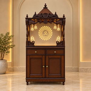 Traditional Wooden Mandir with Storage Cabinet & Elegant Carvings