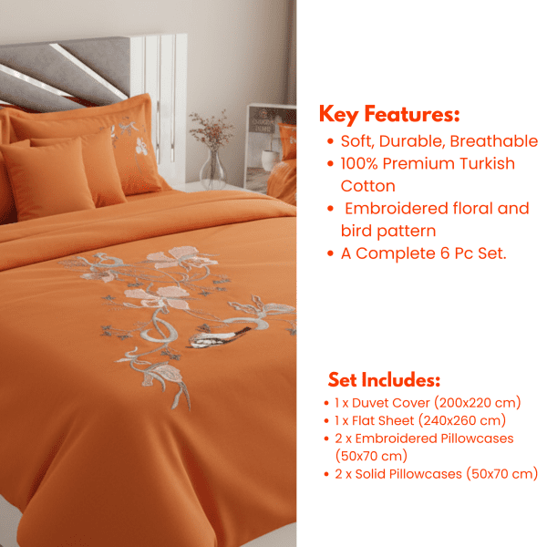 Tiamo Sunset Orange Embroidered Turkish Cotton Duvet Set (6-Piece) - Image 3