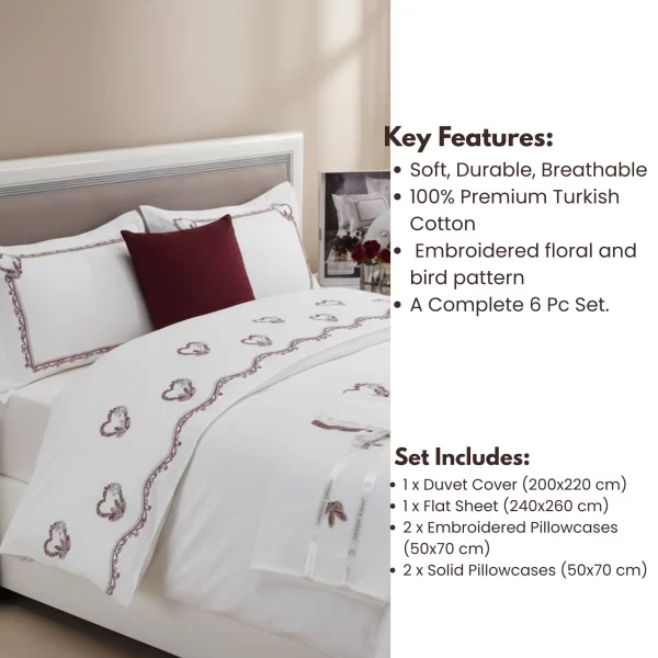 Demet White & Burgundy Heart Embroidered Duvet Set (6-Piece) - Image 3