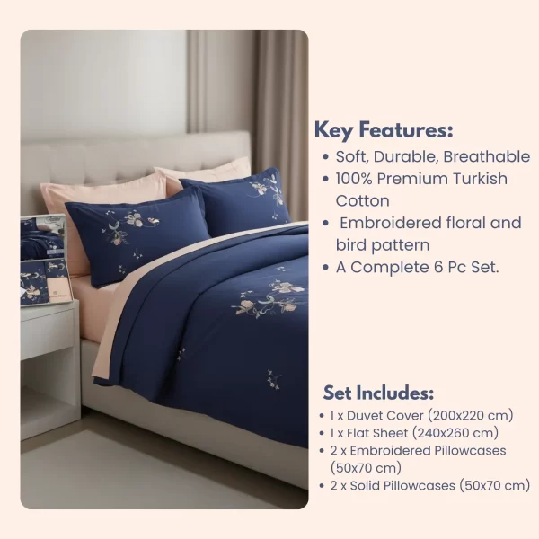 Tiamo Navy & Peach Embroidered Duvet Cover Set(6-Piece Set) - Image 3