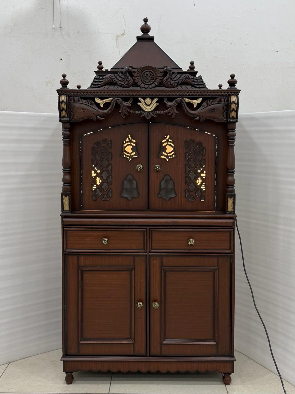 Traditional Wooden Mandir with Carved Dome and Bell Cutwork - Image 2