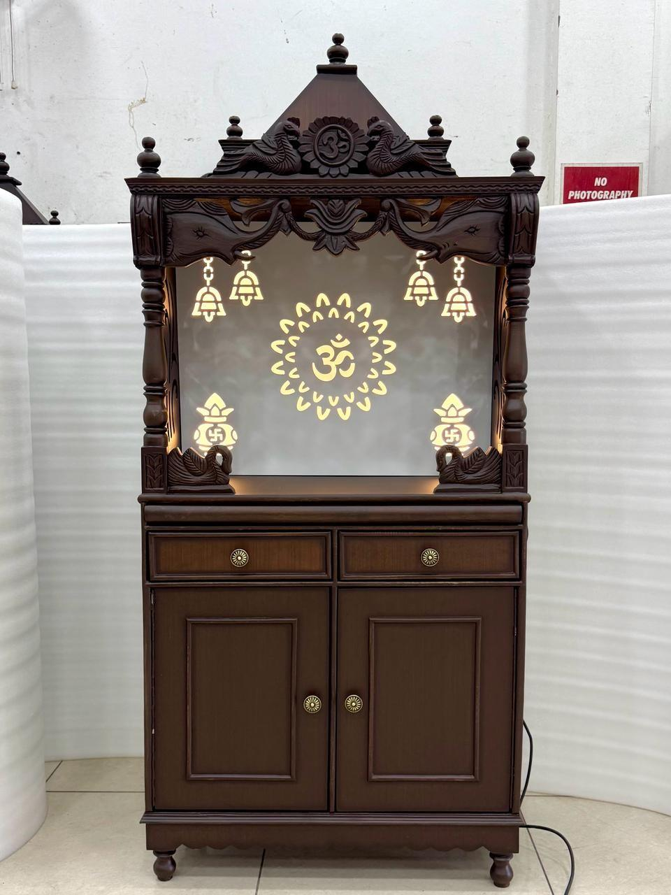Wooden Mandir with LED 'Om' Symbol and Bells - Image 2