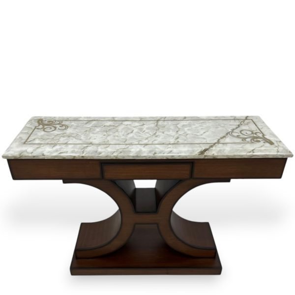 Hourglass Pedestal Console Table with Ornate Inlaid Marble Top - Image 2