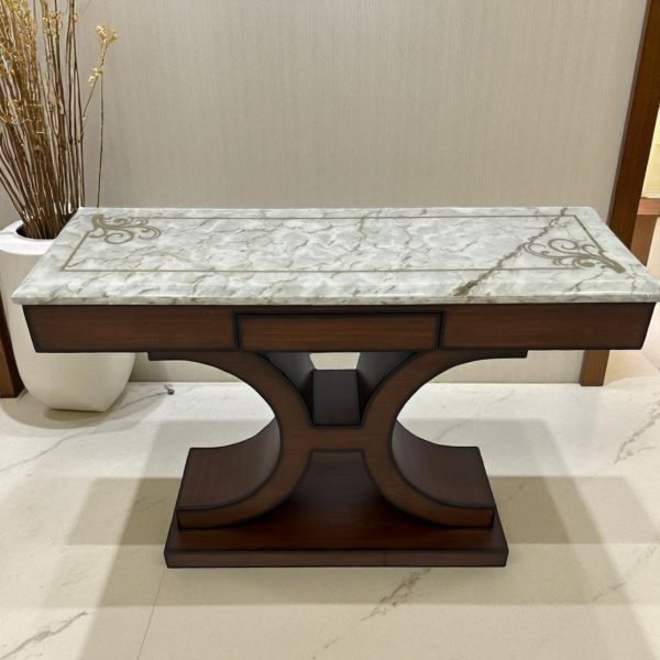 Hourglass Pedestal Console Table with Ornate Inlaid Marble Top