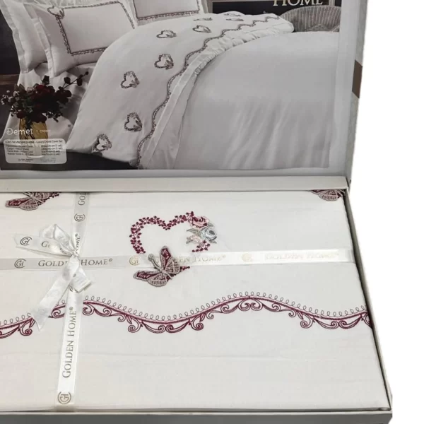 Demet White & Burgundy Heart Embroidered Duvet Set (6-Piece) - Image 2