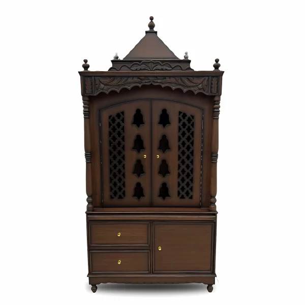 Traditional Wooden Pooja Mandir with Bell Cutwork Doors - Image 2