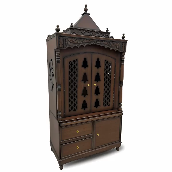 Traditional Wooden Pooja Mandir with Bell Cutwork Doors - Image 3