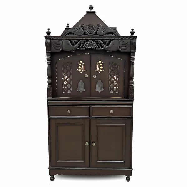 Traditional Wooden Mandir with Carved Dome and Bell Cutwork - Image 2