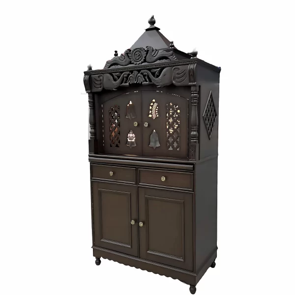 Traditional Wooden Mandir with Carved Dome and Bell Cutwork - Image 3
