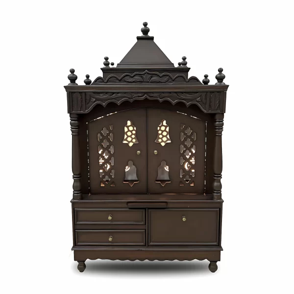 Traditional Wooden Pooja Mandir with Doors and Storage Drawers - Image 5