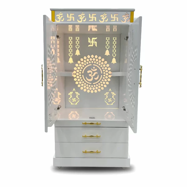 Elegant Wooden Mandir with Intricate Carvings & Storage Drawers - Image 4