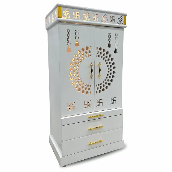 Elegant Wooden Mandir with Intricate Carvings & Storage Drawers - Image 3