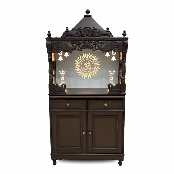 Traditional Wooden Mandir with Storage Cabinet & Elegant Carvings - Image 2