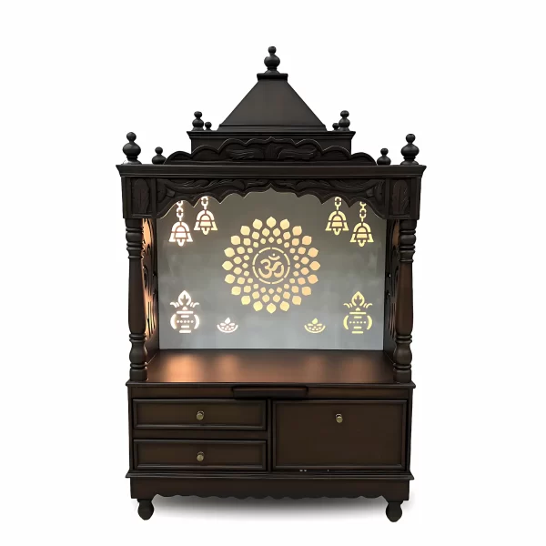 Wooden Mandir with Backlit Om & Traditional Carvings - Image 2