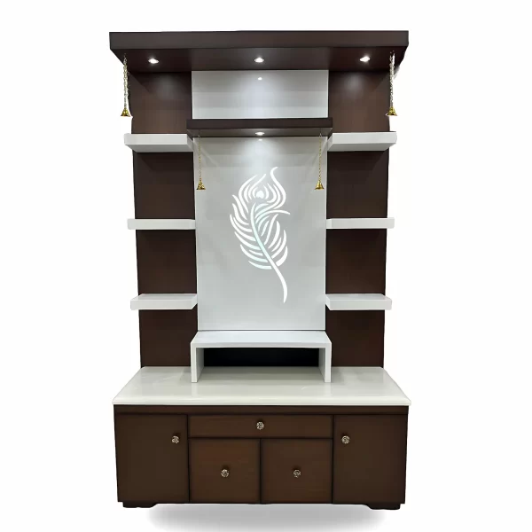 Elegant Wooden Pooja Unit with Peacock Feather Design - Image 2