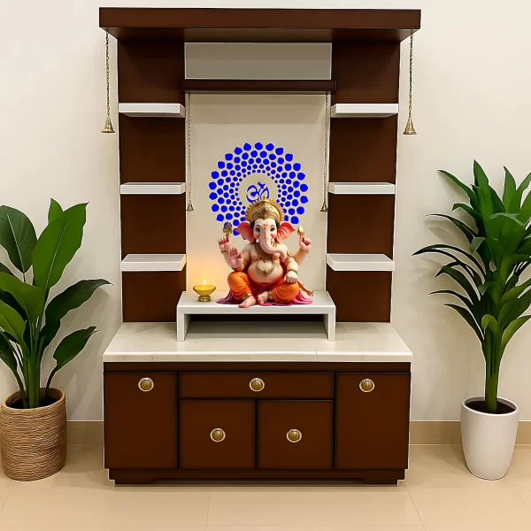 Modern Wooden Mandir with Shelves & Marble Top