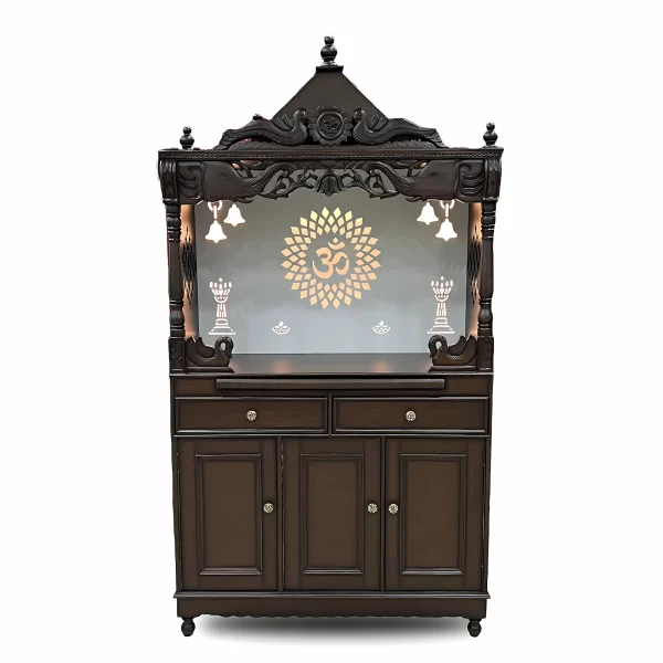 Classic Wooden Temple with Intricate Carvings and Storage - Image 2