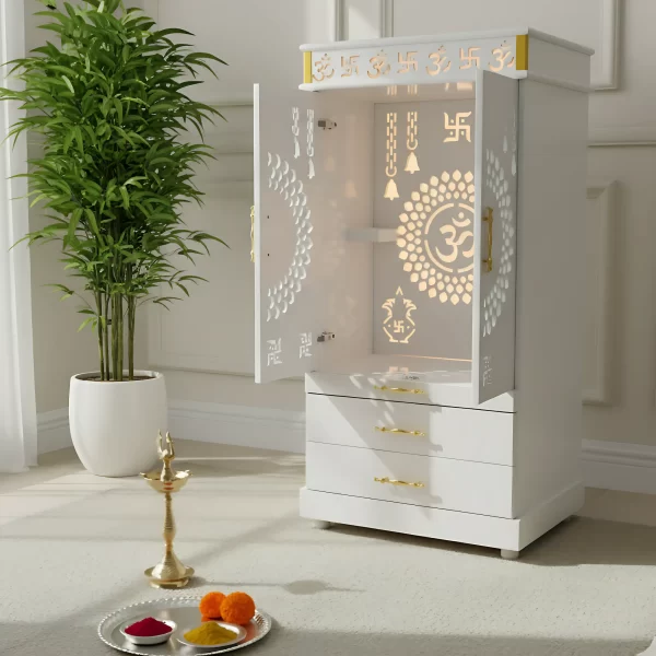 Elegant Wooden Mandir with Intricate Carvings & Storage Drawers