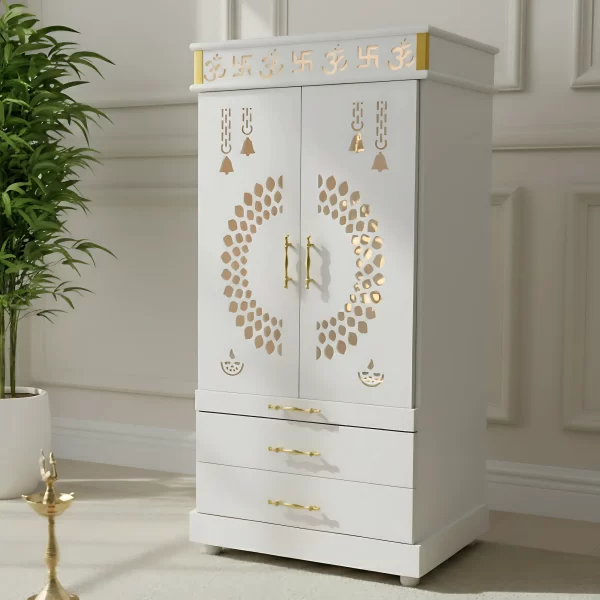Elegant Wooden Mandir with Intricate Carvings & Storage Drawers - Image 2