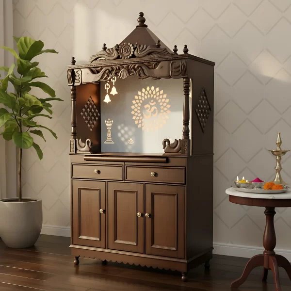 Classic Wooden Temple with Intricate Carvings and Storage