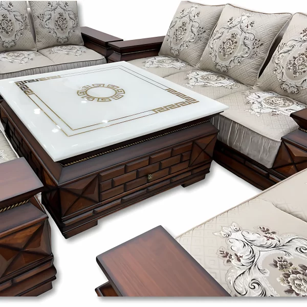 Grand Elegance: 7-Piece Wooden Sofa Set with Marble & Floral Accents - Image 5
