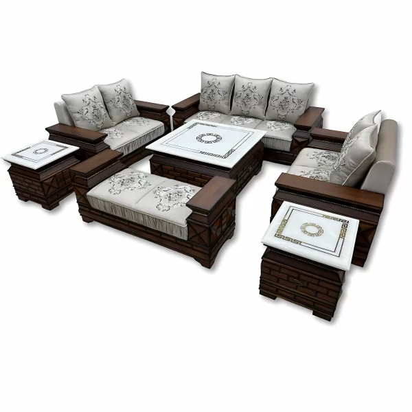 Grand Elegance: 7-Piece Wooden Sofa Set with Marble & Floral Accents - Image 2