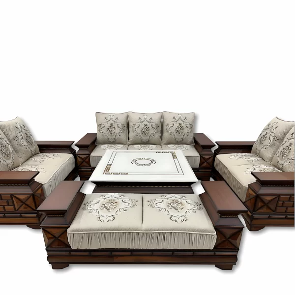 Grand Elegance: 7-Piece Wooden Sofa Set with Marble & Floral Accents - Image 3