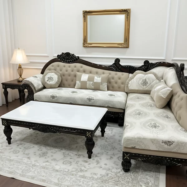 Luxury Carved L-Shaped Sofa Set with Marble Center Table