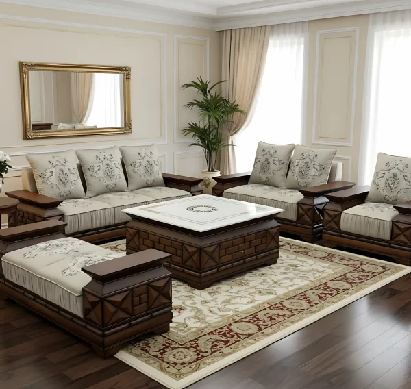 Grand Elegance: 7-Piece Wooden Sofa Set with Marble & Floral Accents