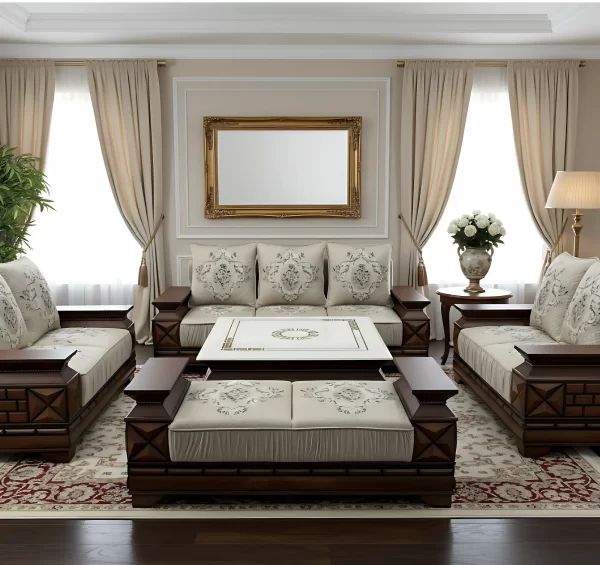 Grand Elegance: 7-Piece Wooden Sofa Set with Marble & Floral Accents - Image 8