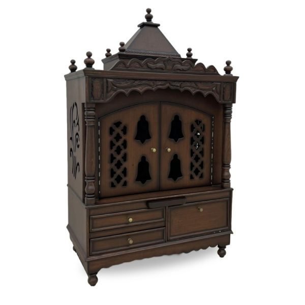 Traditional Wooden Pooja Mandir with Doors and Storage Drawers - Image 4