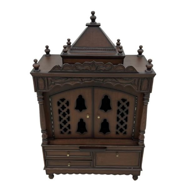 Traditional Wooden Pooja Mandir with Doors and Storage Drawers - Image 3