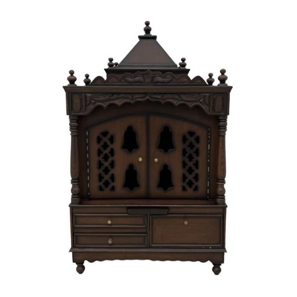 Traditional Wooden Pooja Mandir with Doors and Storage Drawers - Image 2